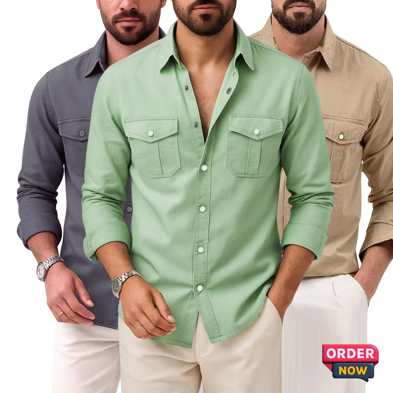 3 Pcs Twil Double Poket Snap Button - Ash+Lemon+Khaki