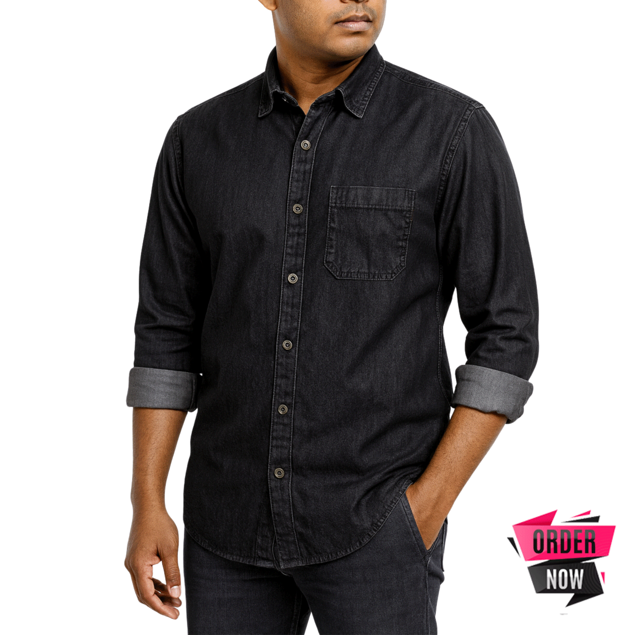 1 Pcs Denim Full Sleeve Single Poket- Black