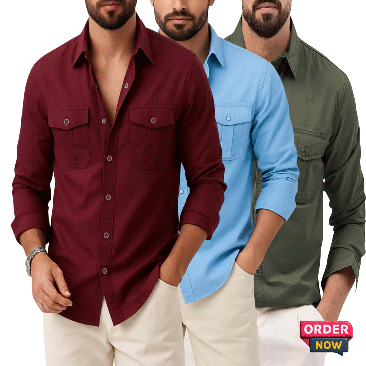 3 Pcs Twil Double Poket Snap Button -Meroon+Sky+Jolapi