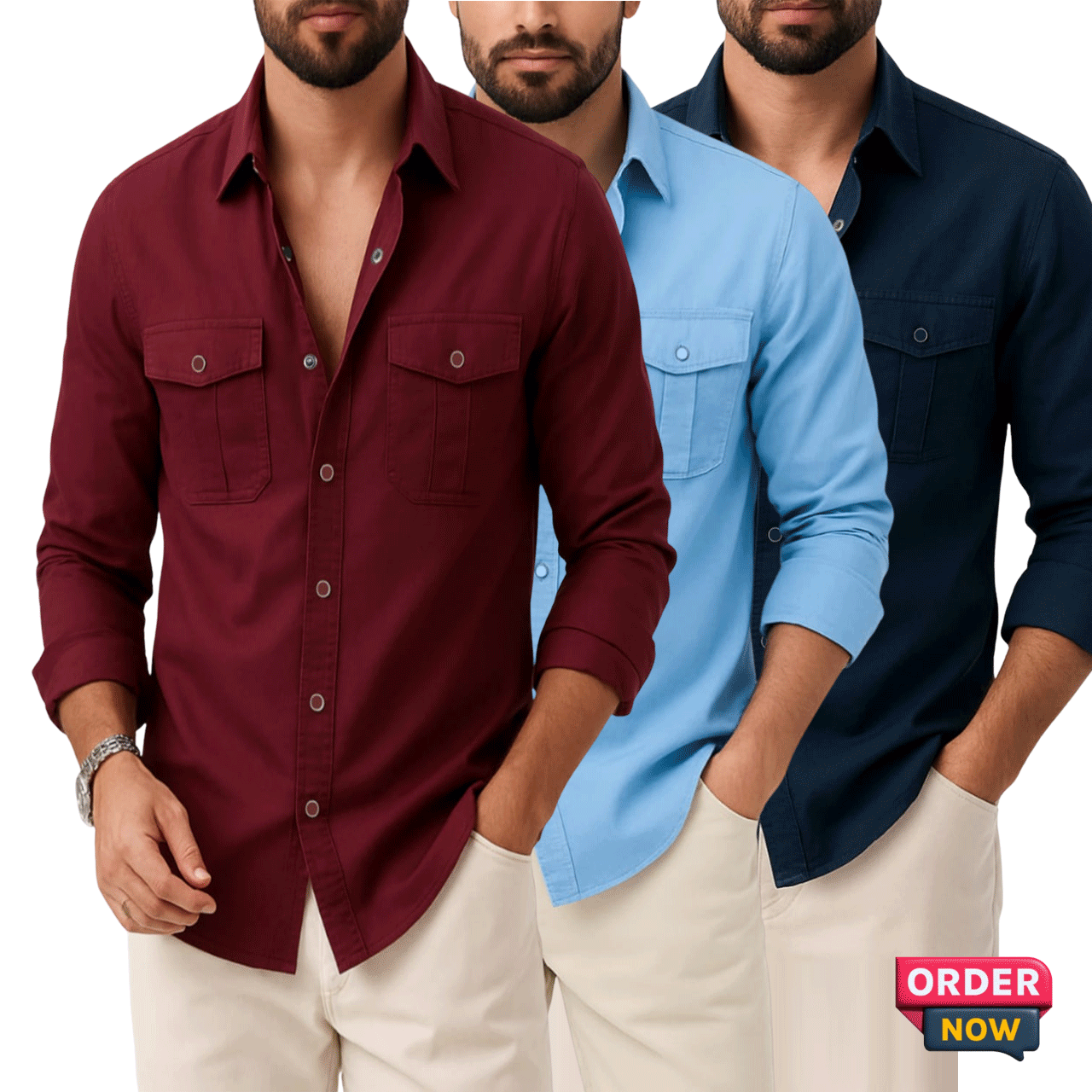 3 Pcs Twil Double Poket Snap Button - Meroon+Sky+Navy