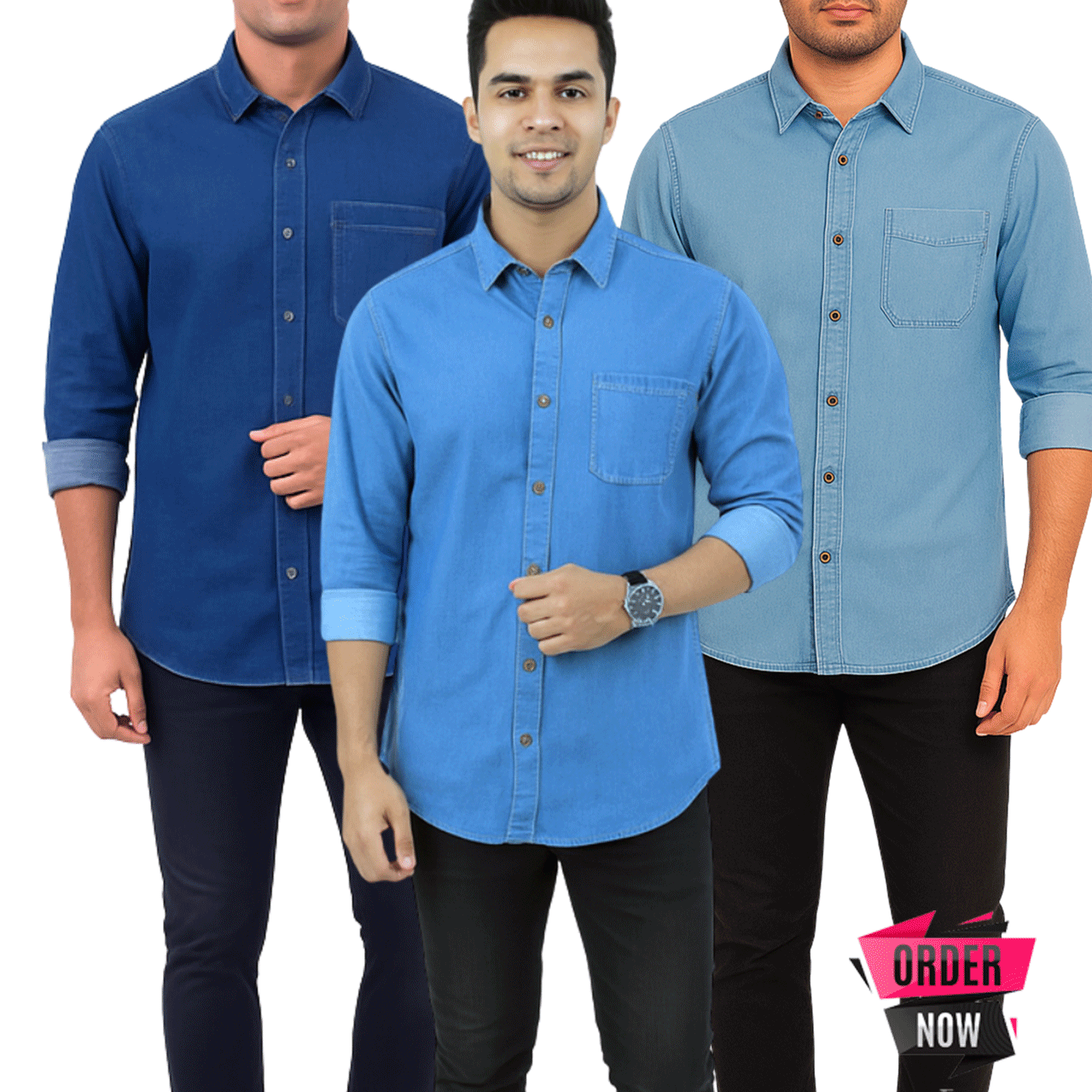 3 Pcs Denim Full Sleeve Single Poket- Sky+Navy+Light Sky