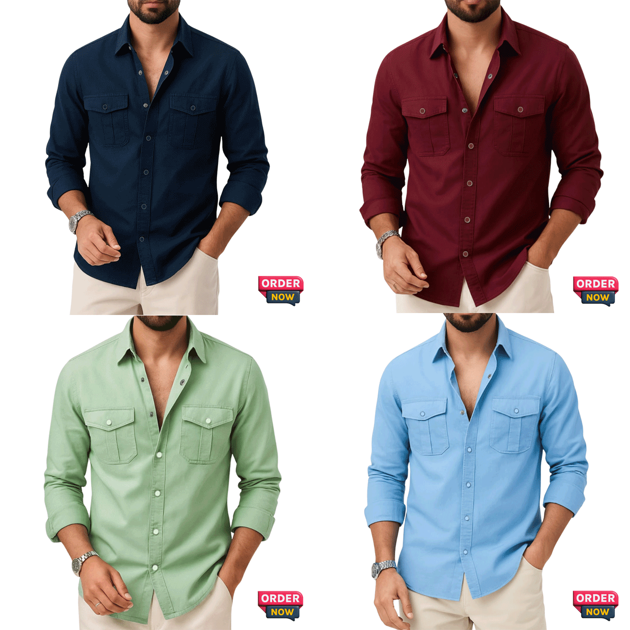 4 Pcs Twil Double Poket Snap Button - Navy+Sky+Merron+Lemon