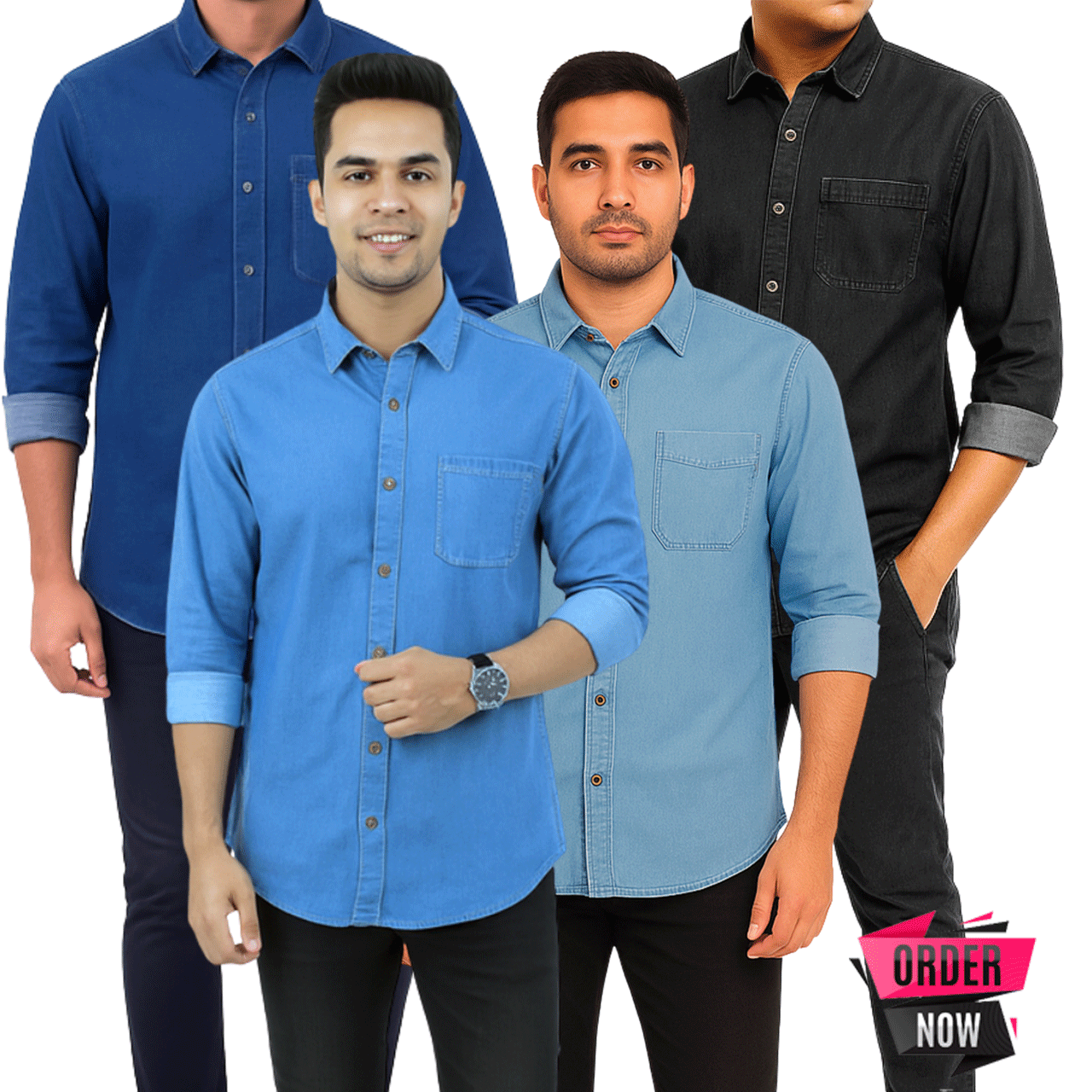 4 Pcs Denim Full Sleeve Single Poket- Sky+Black+Navy+Light Sky