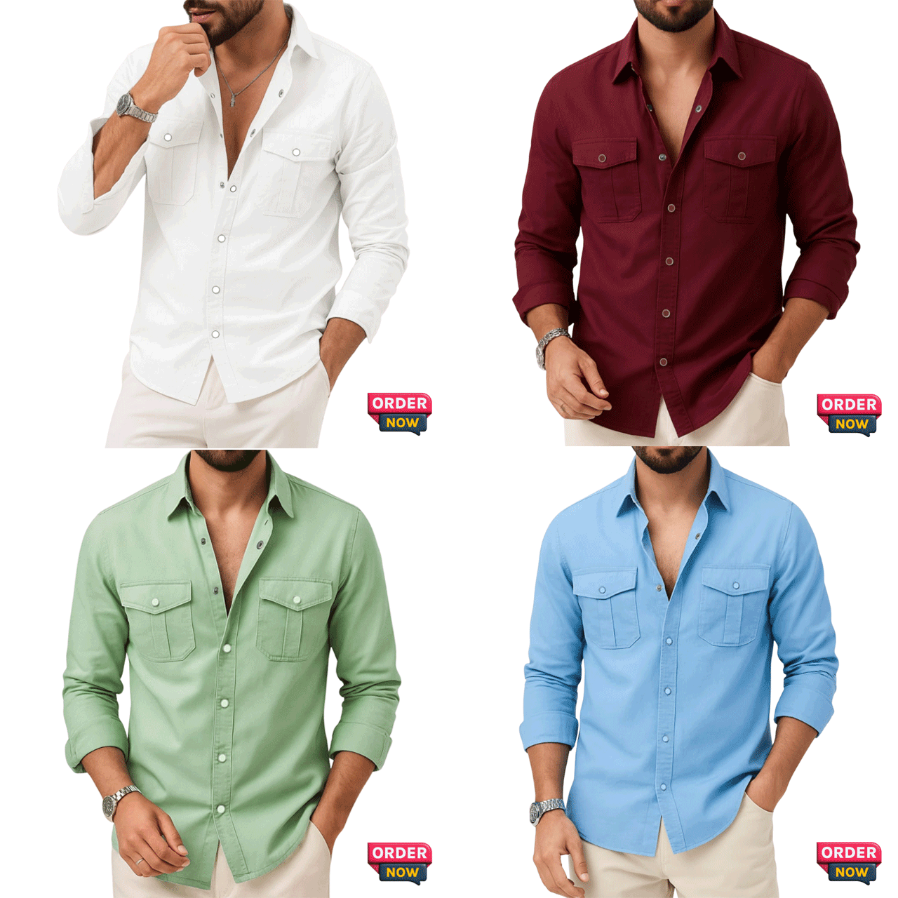 4 Pcs Twil Double Poket Snap Button - White+Meroon+Lemon+Sky